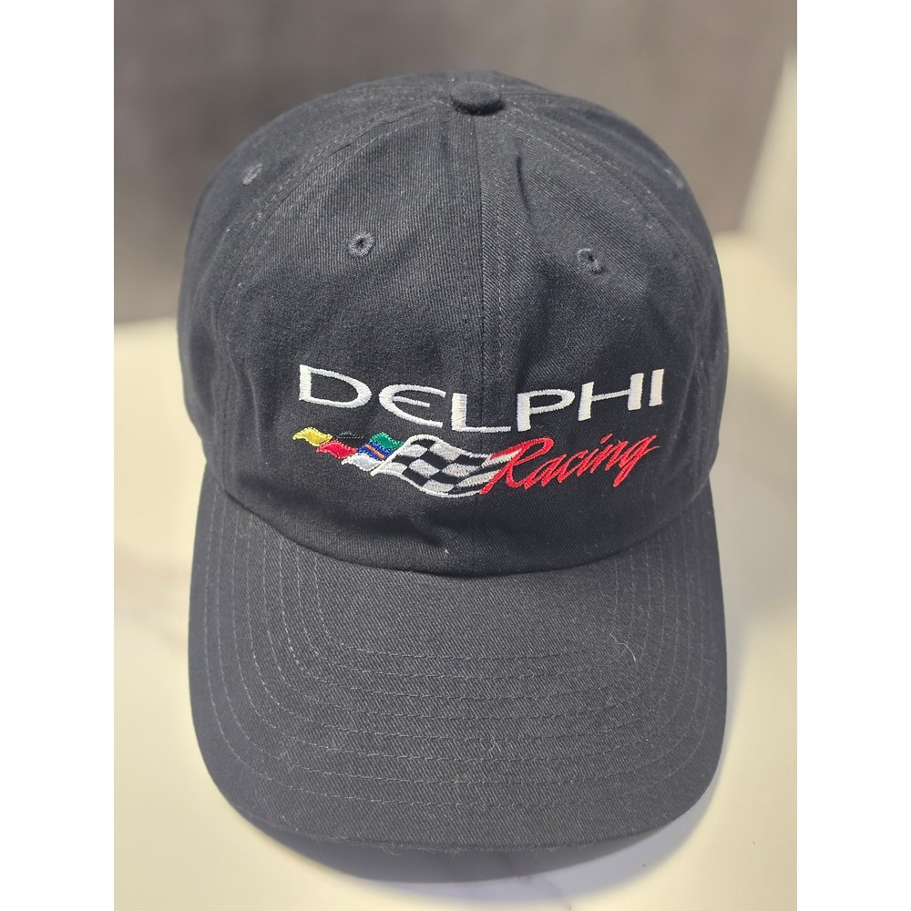 Delphi Racing Hat Mens Black Adjustable Strapback Embroidered Logo Cap